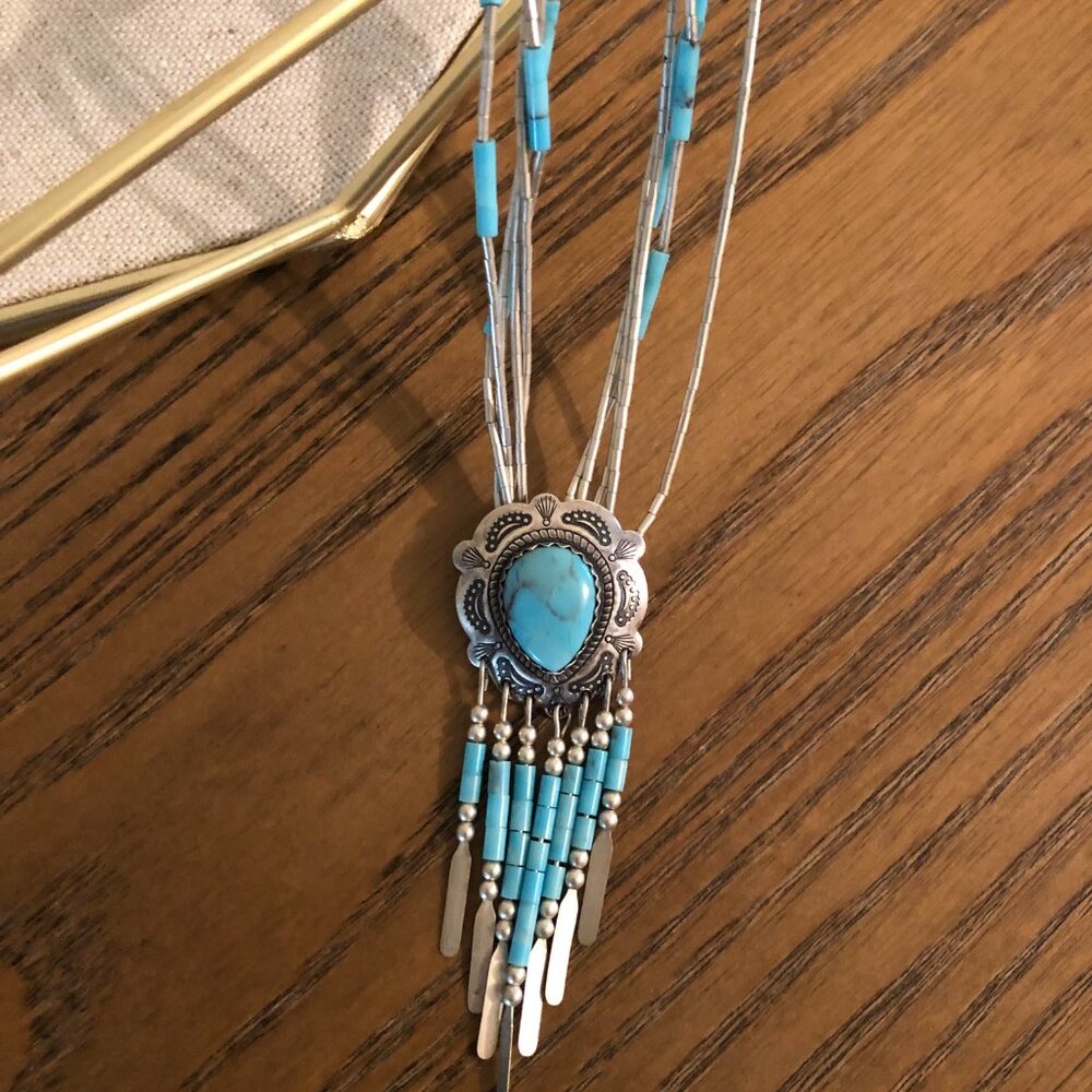 Navajo Sterling Bead Turquoise Pendant Necklace Vintage